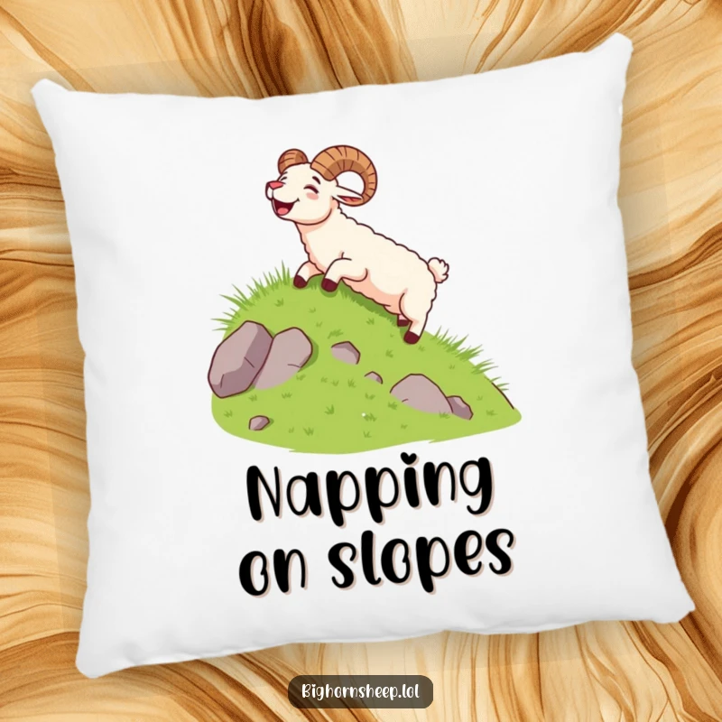 Funny bighorn sheep sliding down a grassy slope with a yell, depicted on a soft, cuddly pillow.