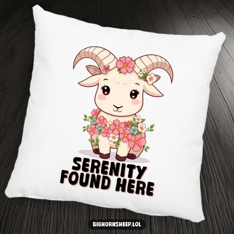 Funny bighorn sheep wearing a flower garland, looking serene, depicted on a soft and humorous pillow.