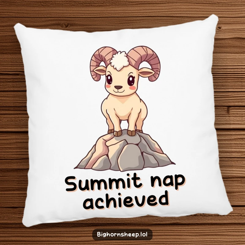 Funny Bighorn Sheep Pillow: A smiling sheep standing proudly on a mountain peak, offering comfortable and inspiring decorative support.