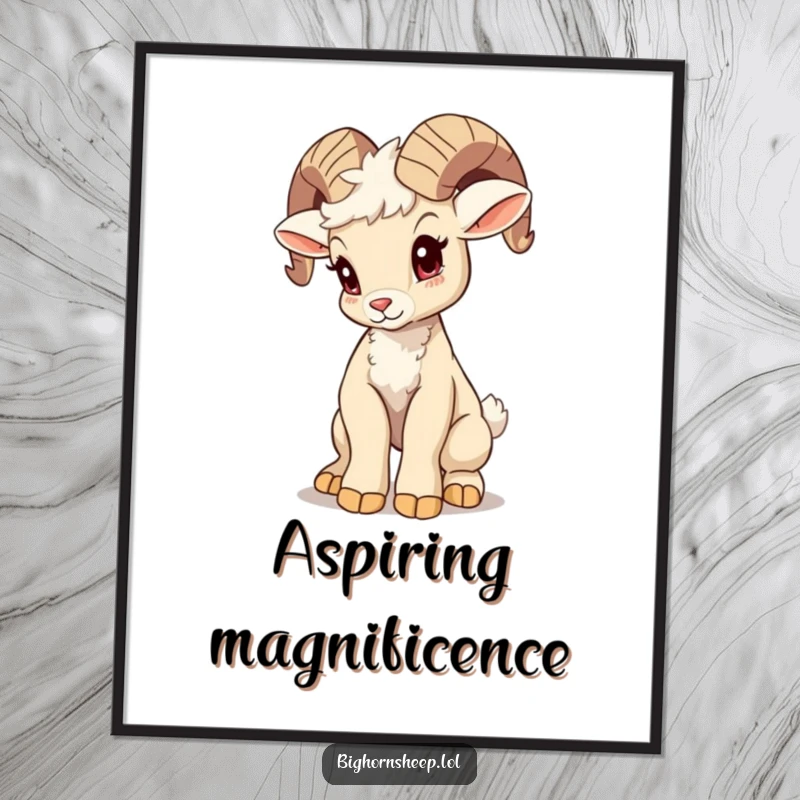 Funny bighorn sheep cub digital art print, attempting a majestic pose with a wobble, a humorous and artful piece for instant decor.