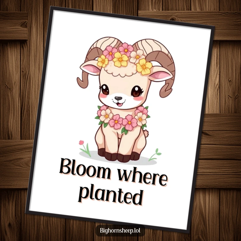 Funny bighorn sheep cub wearing a flower garland, bleating playfully, presented as a funny digital art print for charming decor.