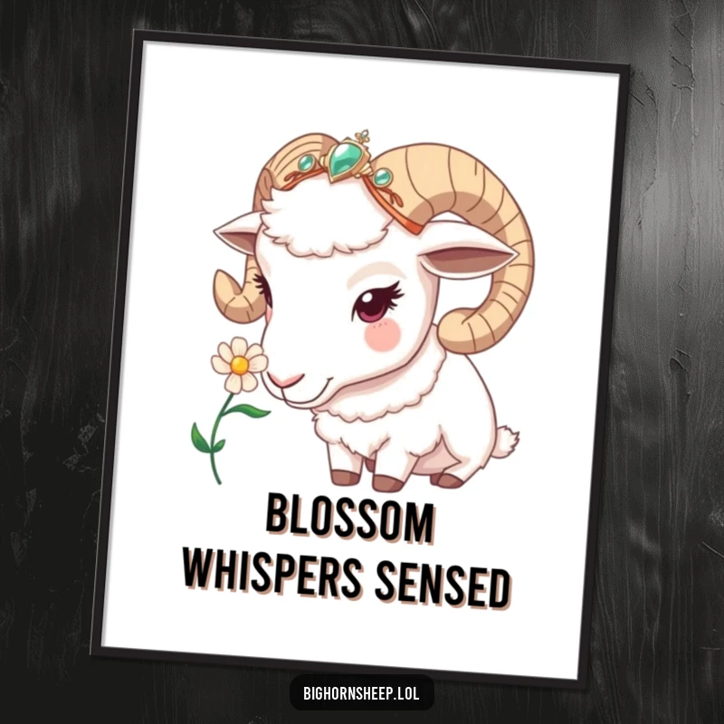 Funny bighorn sheep digital art print, a sheep with a jeweled headband curiously sniffing a flower, capturing gentle nature's charm.