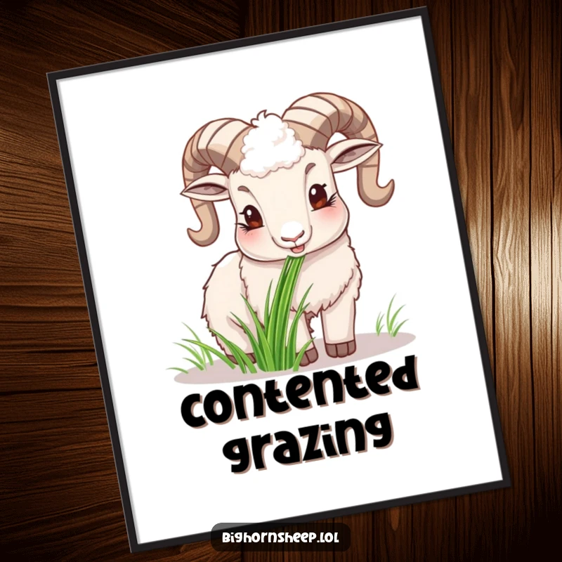 Funny happy bighorn sheep digital art print, capturing the sheep contentedly chewing grass, radiating peace and joy.