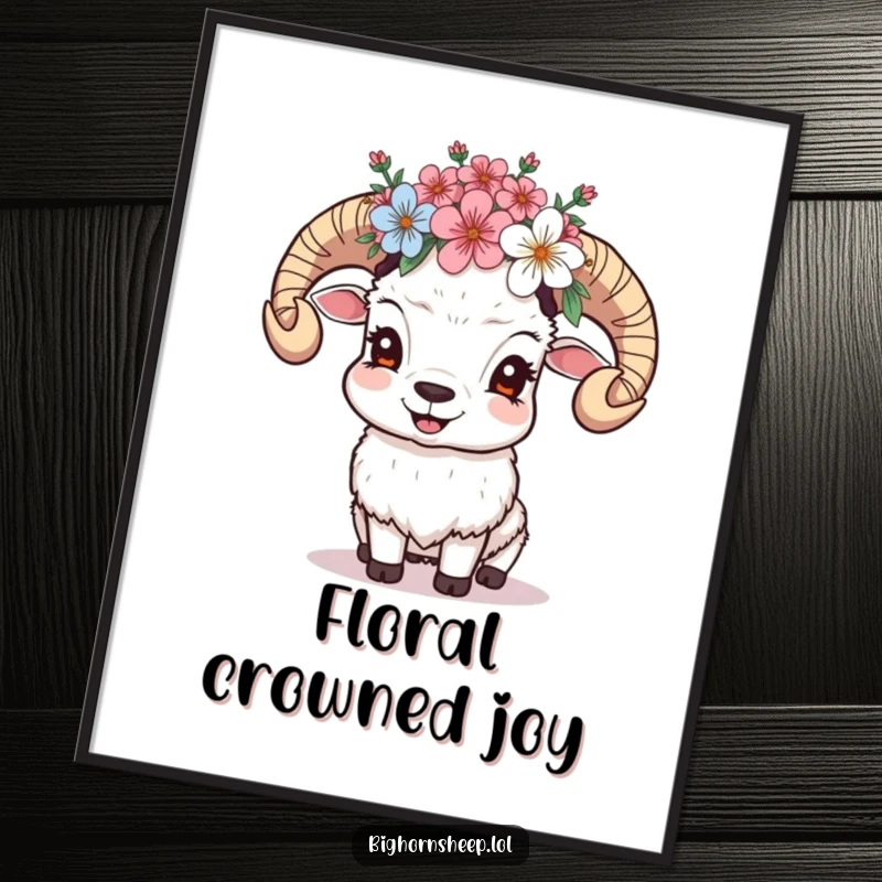 Funny Giggling Sheep Digital Art: Sheep with a crown of alpine blossoms giggles, offering downloadable floral cheer and joy.