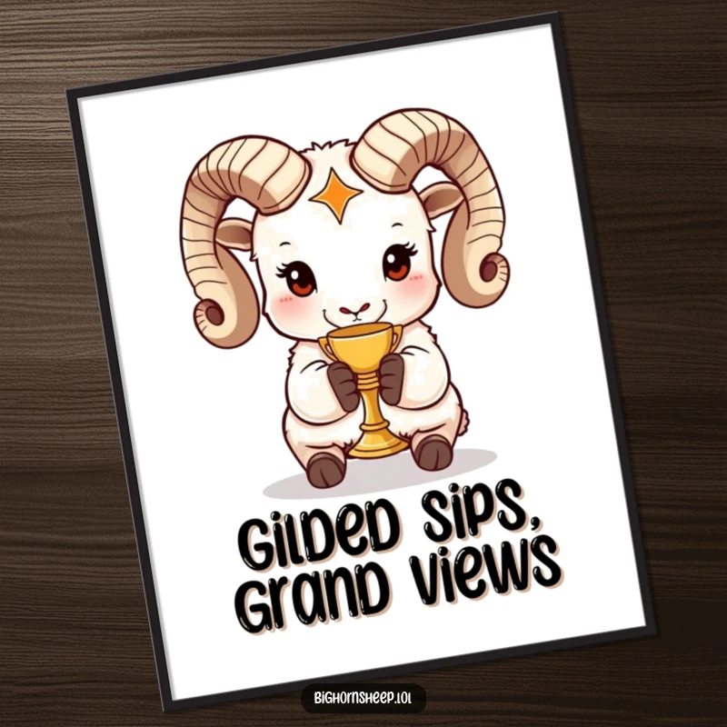Funny bighorn sheep digital art print of a majestic sheep holding a miniature golden chalice, a humorous and regal decoration.