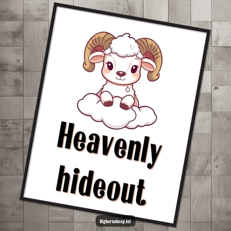 Funny digital art print of an adorable bighorn sheep peeking from behind a fluffy cloud, perfect for adding whimsical decor.