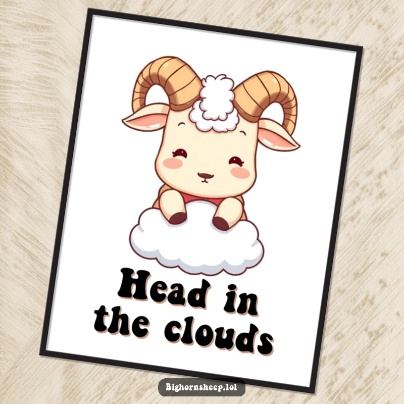 Funny Bighorn Sheep Digital Art: Cute sheep with small horns headbutting a cloud, offering instant downloadable humor and charm.