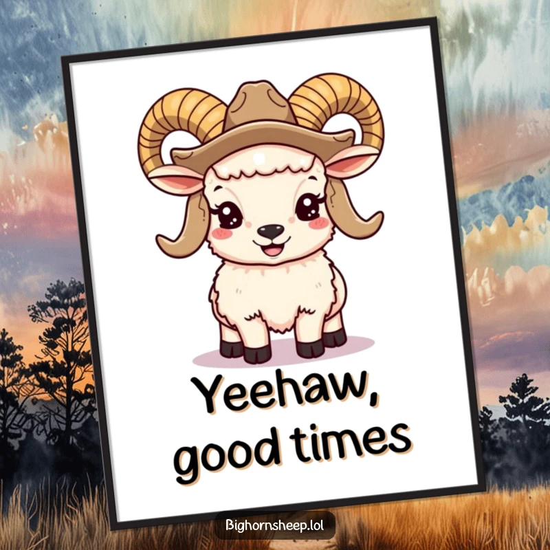 Funny bighorn sheep digital art print of a smiling ram with large horns and a cowboy hat, instant western decor.