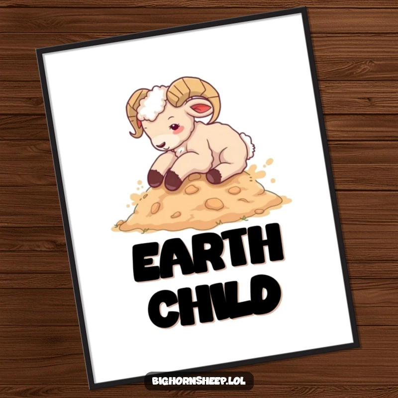 Funny bighorn sheep cub digital art print, joyfully rolling in dusty earth, a hilarious and vibrant piece for instant decor.