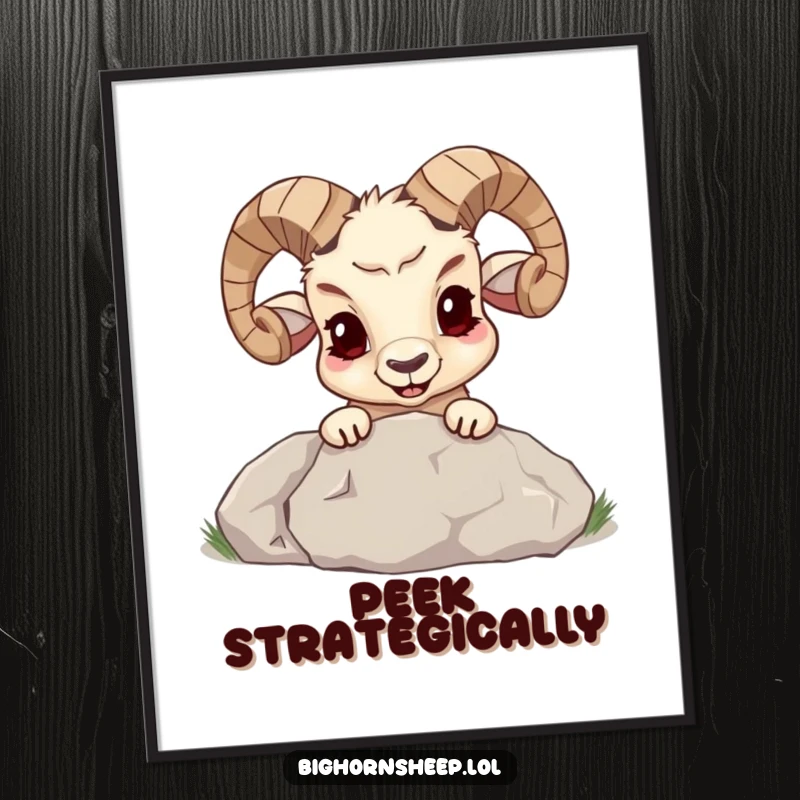 Funny bighorn sheep with a mischievous grin peeking from behind a large boulder, presented as a funny digital art print for playful decor.