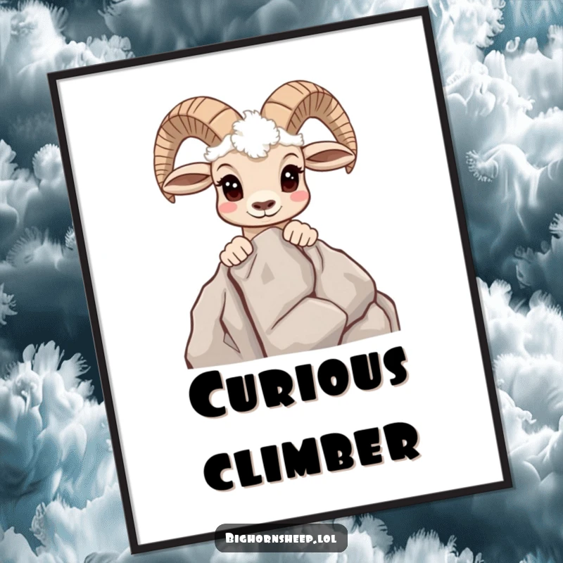 Funny digital art print of a curious bighorn sheep peeking over a rocky outcrop, conveying wonder and interest.