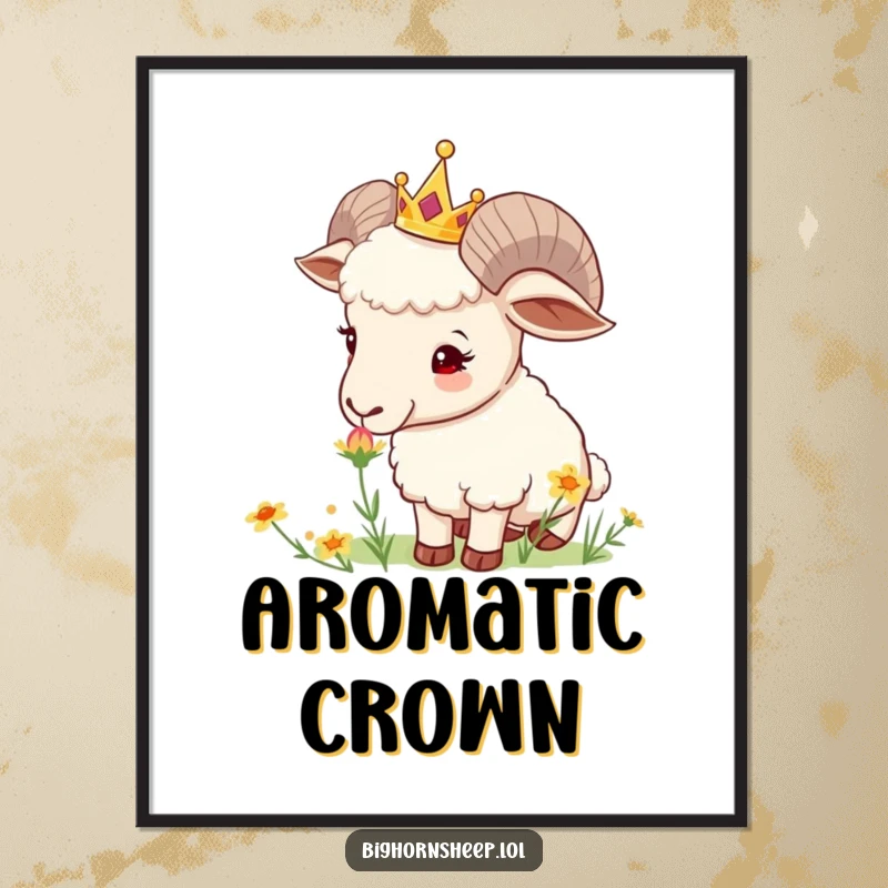 Funny Crowned Sheep Digital Art: Curious sheep with a tiny crown sniffs a wildflower, offering downloadable nature's charm.