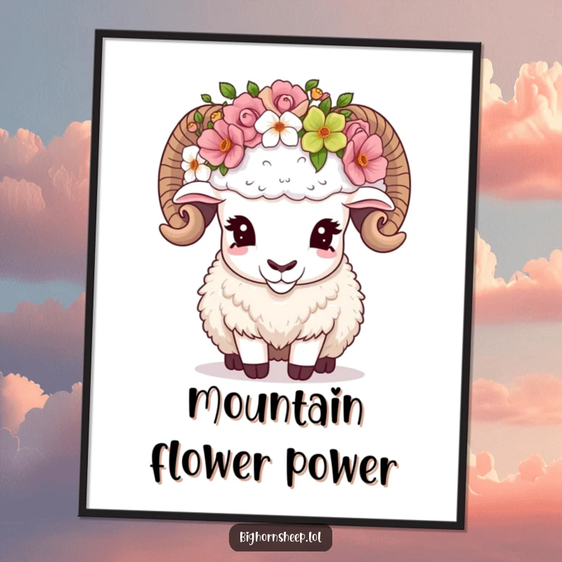 Funny Digital Art Print of a bighorn sheep comically adjusting an oversized flower crown, creating a whimsical and humorous wall decoration.