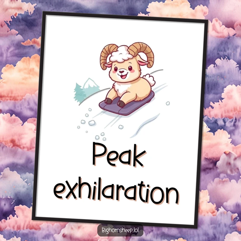 Funny digital art print of a bighorn sheep comically sliding down a snowy mountain, capturing a moment of hilarious wintertime exhilaration.