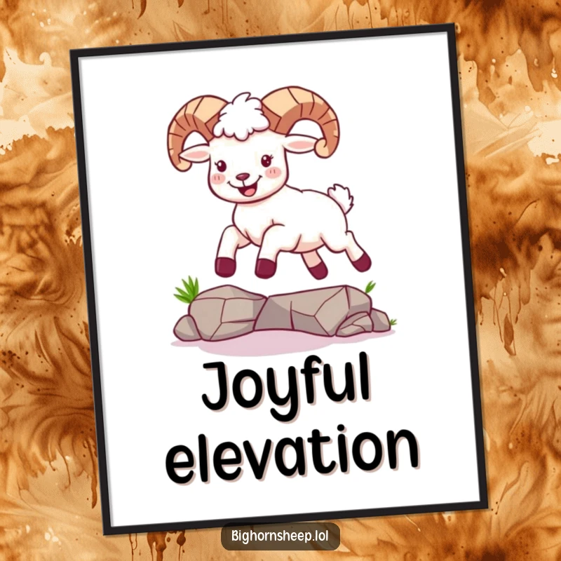 Funny digital art print of a bighorn sheep with a joyful expression, captured mid-leap over a small gap, full of life.