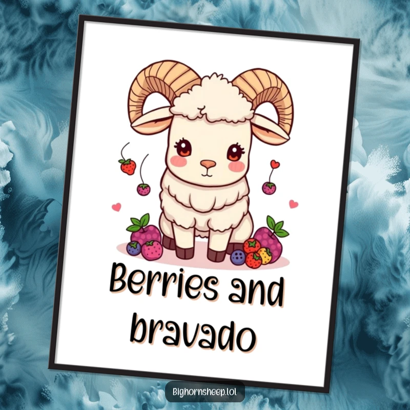 Funny bighorn sheep digital art print of a mischievous sheep juggling berries, a humorous and playful decoration for any space.