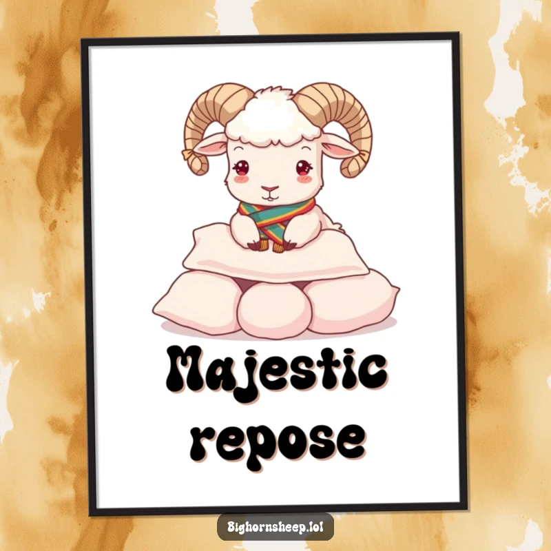 Funny Digital Art Print: Regal bighorn sheep in a sash, hilariously buttering a pile of soft pillows.