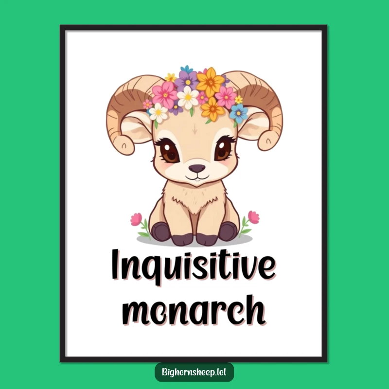 Funny Bighorn Sheep Cub Wildflower Crown Digital Art Print a Downloadable Gift