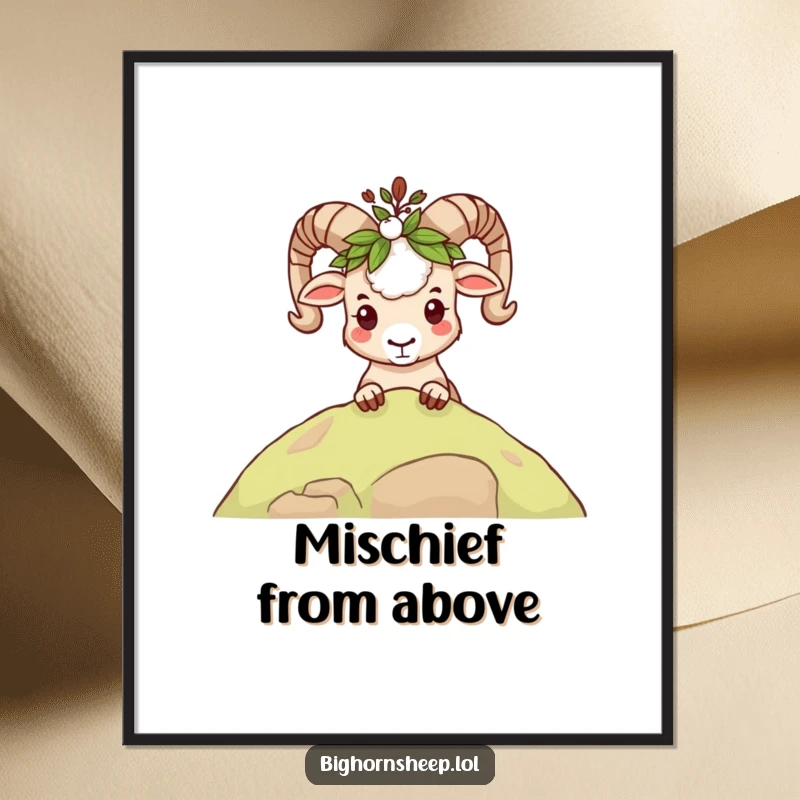 Funny mischievous bighorn sheep digital art print, peeking with a leafy crown, instant playful decor.