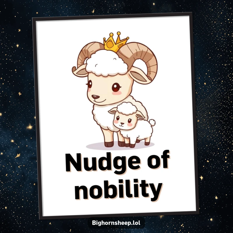 Funny bighorn sheep wearing a crown, gently nudging a smaller sheep, created as humorous and regal digital art.