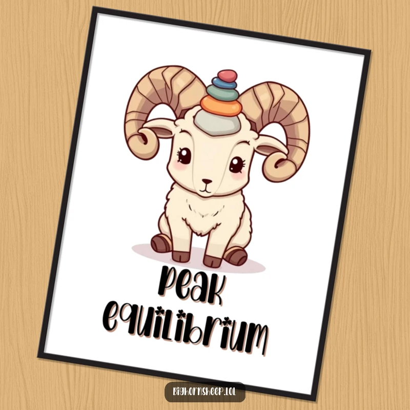 Funny bighorn sheep balancing colorful pebbles on its horns, created as a humorous and calming digital art print.
