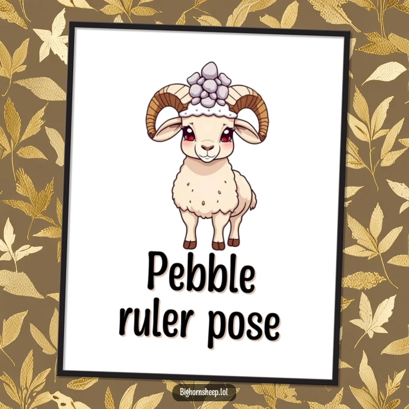 Funny proud bighorn sheep digital art print, standing tall with a pebble crown, radiating confidence and humor.