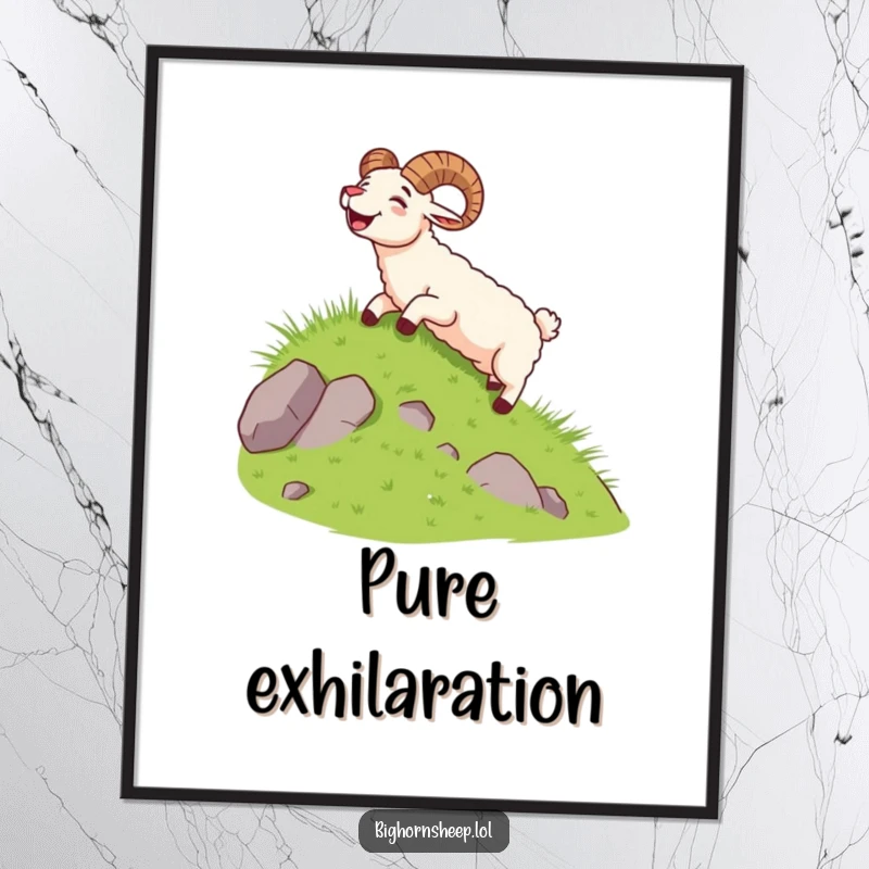 Funny bighorn sheep joyfully sliding down a grassy slope with a yell, as instant digital art.