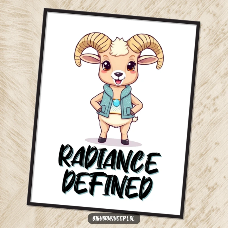 Funny bighorn sheep digital art print, a delighted sheep in a sparkly vest posing proudly, instant decor.