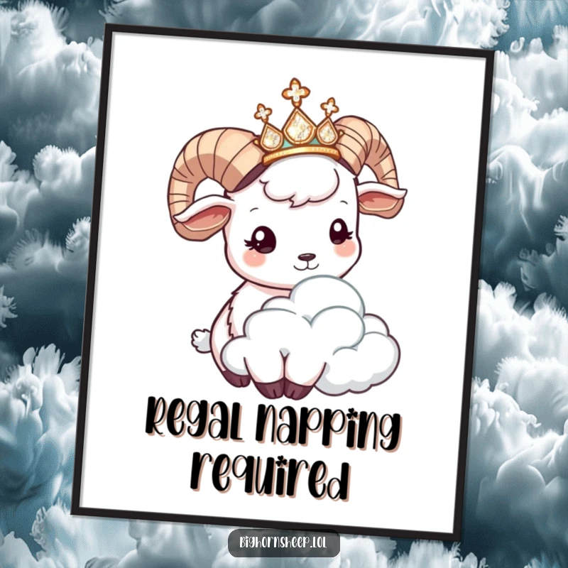 Funny bighorn sheep digital art print, a royal sheep with a tiara playfully headbutting a cloud, perfect for instant humorous decor.