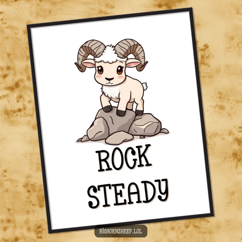 Funny Digital Art Print: Bighorn sheep with a determined expression, humorously attempting to balance rocks.