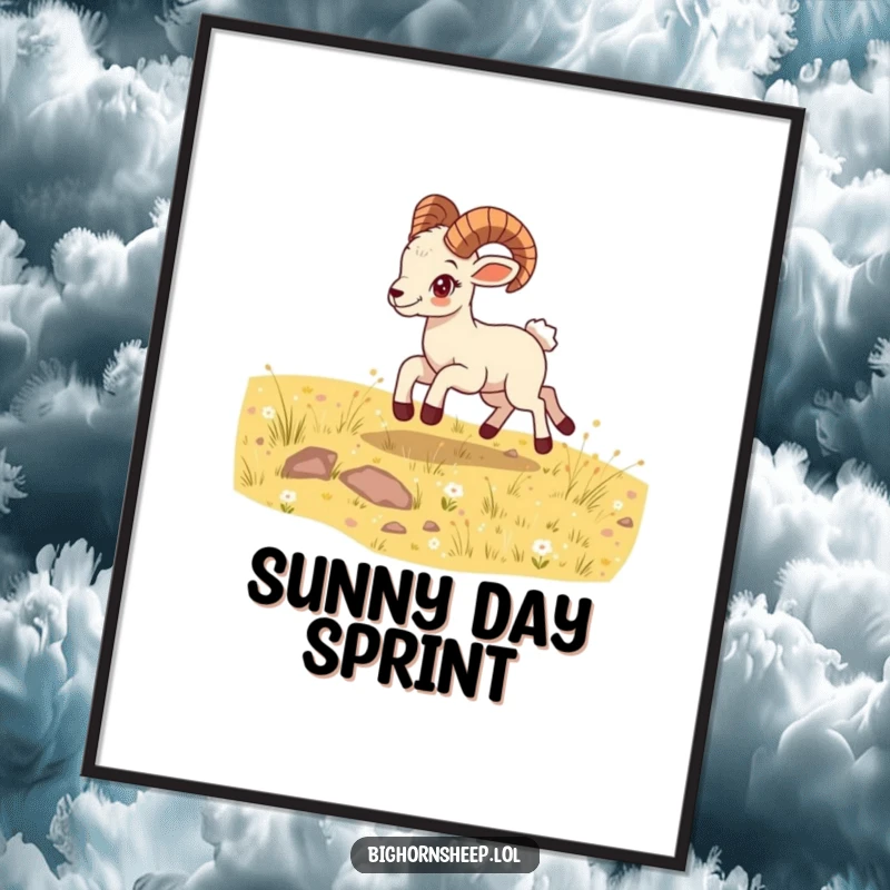 Funny bighorn sheep cub digital art print, bounding energetically across a sunny meadow, a humorous and artful piece for instant decor.