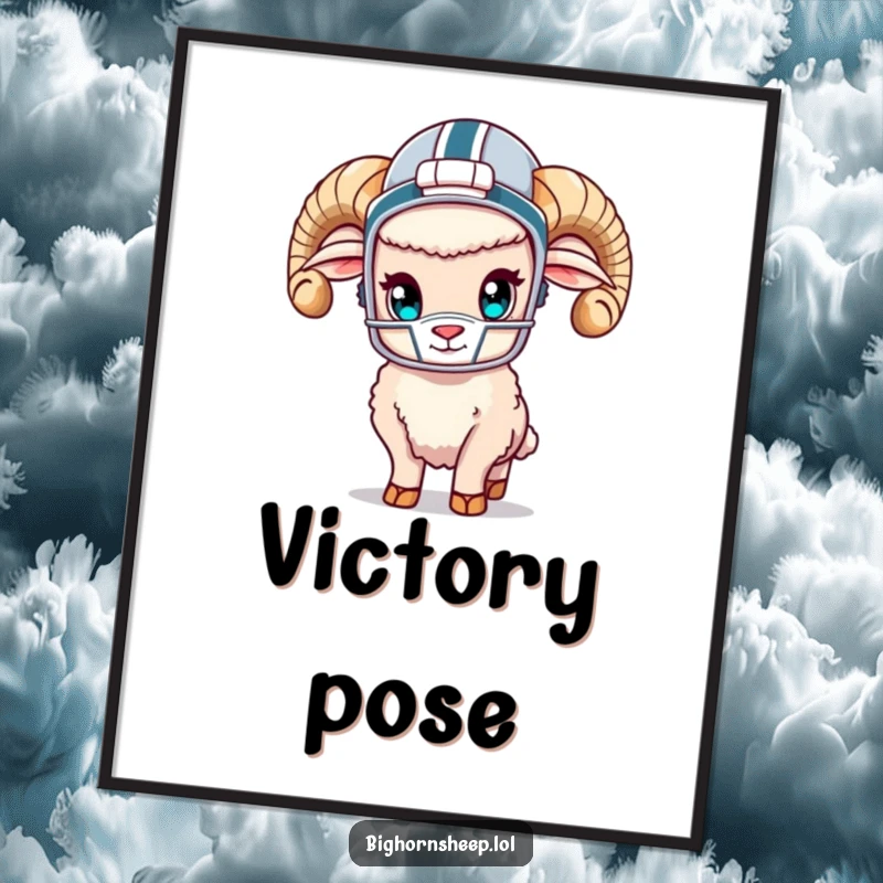 Funny bighorn sheep in a tiny football helmet and gear, looking determined, printable digital art.