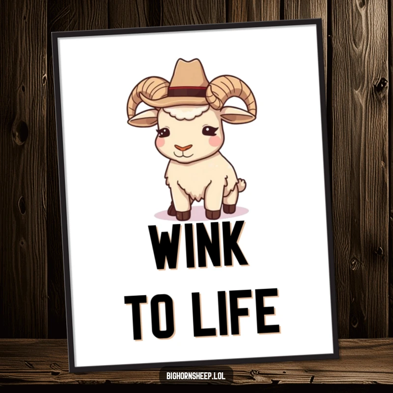 Funny Cowboy Bighorn Sheep Digital Art: A charming illustration of a sheep in a cowboy hat giving a witty wink.