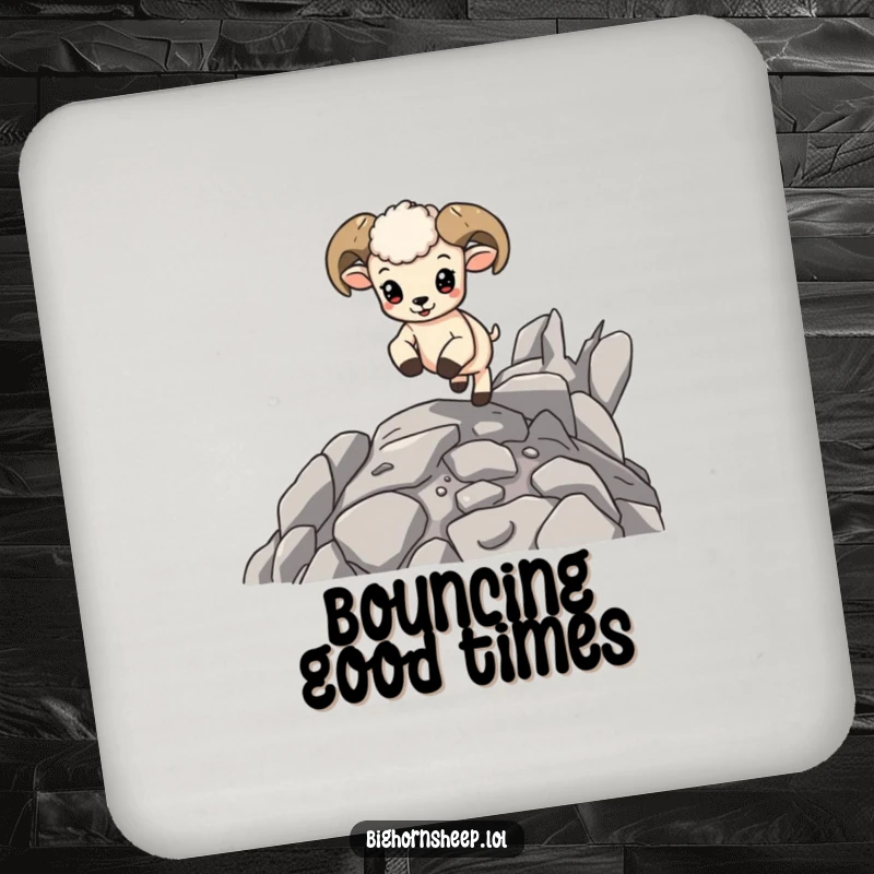Funny Bighorn Sheep Cub Coaster: A cute baby sheep happily bouncing on rocks, offering playful and protective surface coverage.