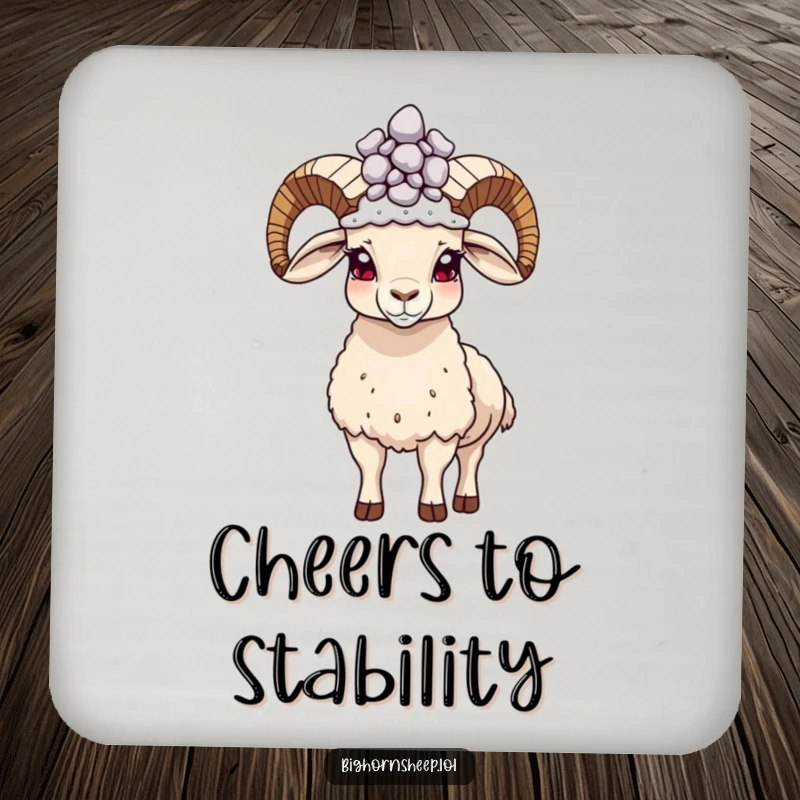 Funny proud bighorn sheep coaster, a sheep standing tall with a pebble crown, protecting surfaces with humor.