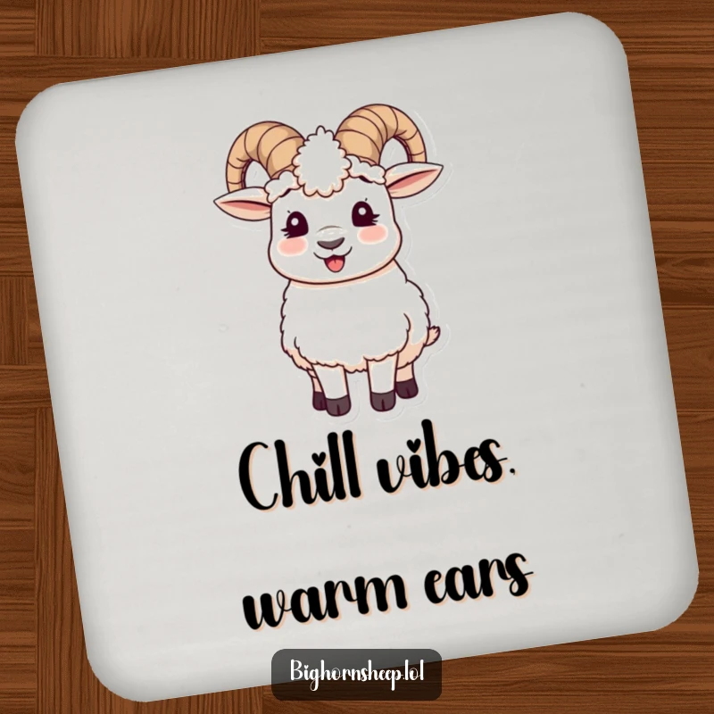 Funny drink coaster featuring a giggling bighorn sheep wearing wooly ear muffs askew, adding a splash of humor to your drinks.