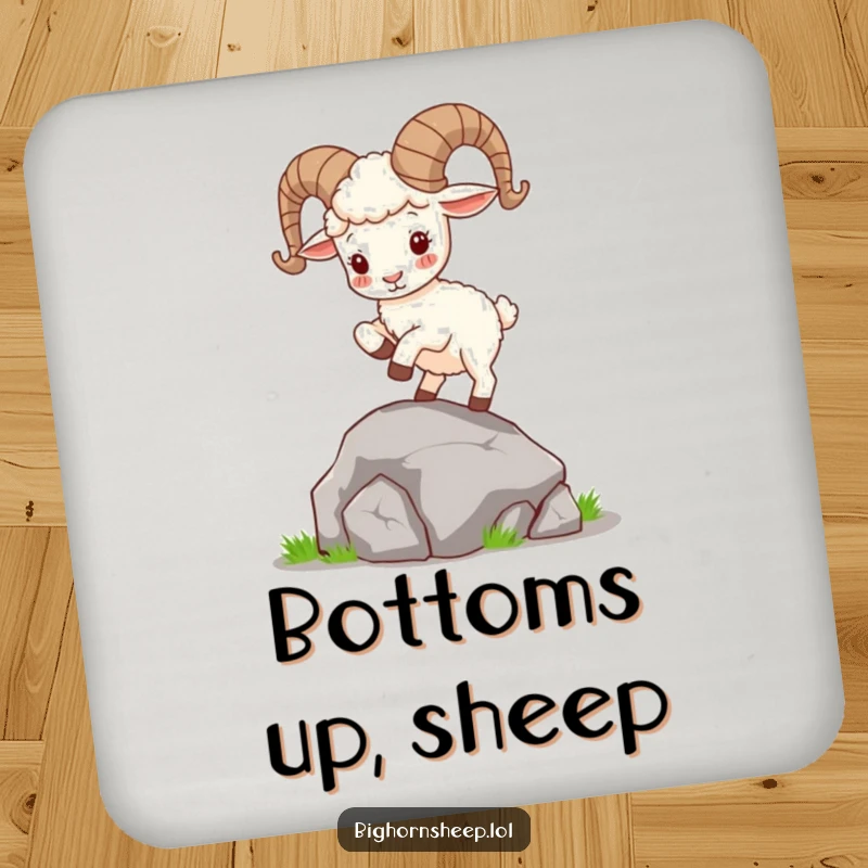 Funny Bighorn Sheep Coaster: Cute sheep with curly horns playfully hops on a rock, protecting surfaces with a dose of whimsical charm.