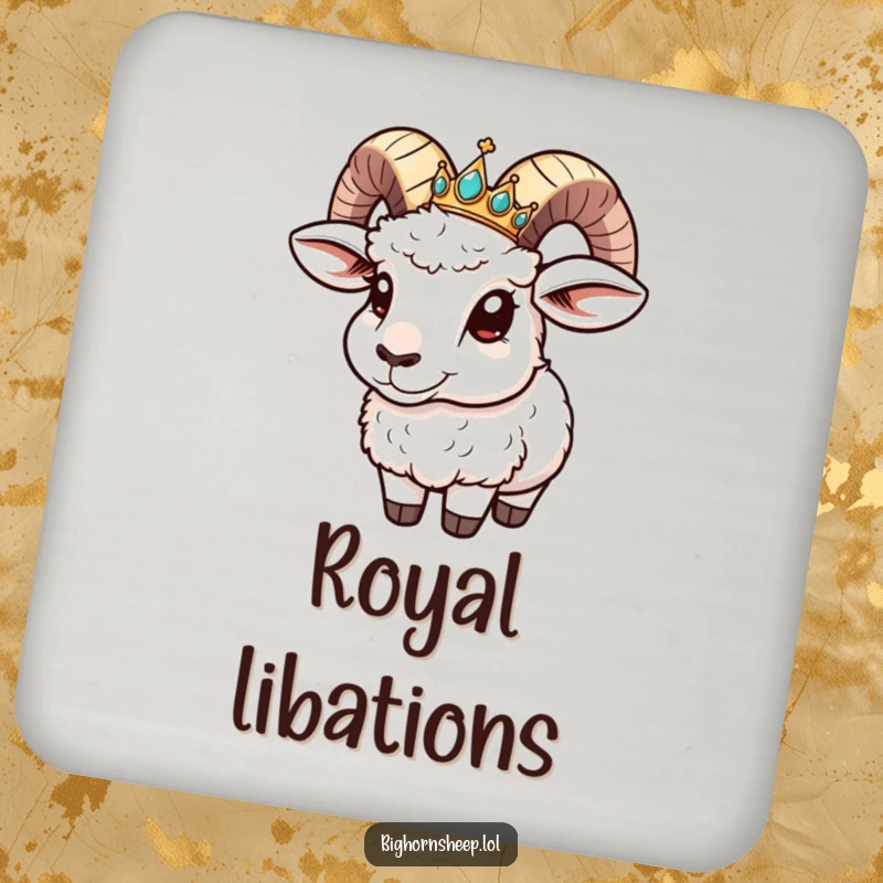 Funny Coaster: Bighorn sheep with a tiny jeweled crown comically sliding down its horn.