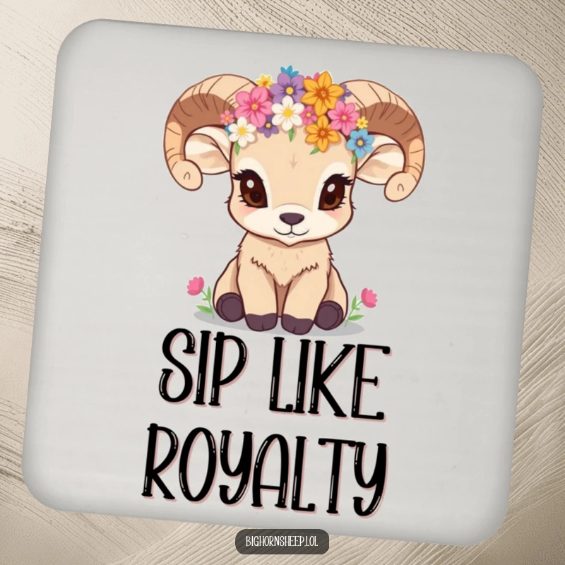 Funny bighorn sheep cub with a wildflower crown, looking inquisitive, on a decorative drink coaster.