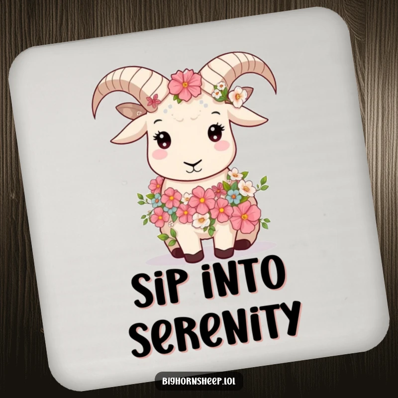 Funny bighorn sheep wearing a flower garland, looking serene, printed on a coaster with natural humor.