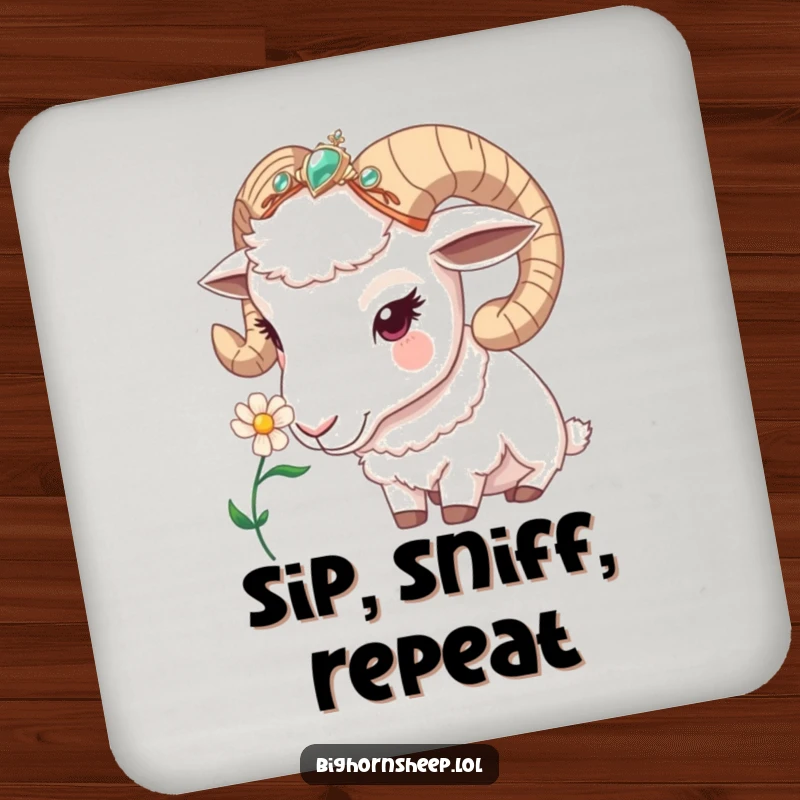 Funny bighorn sheep coaster, a sheep in a jeweled headband curiously sniffing a flower, bringing nature's humor to tabletops.
