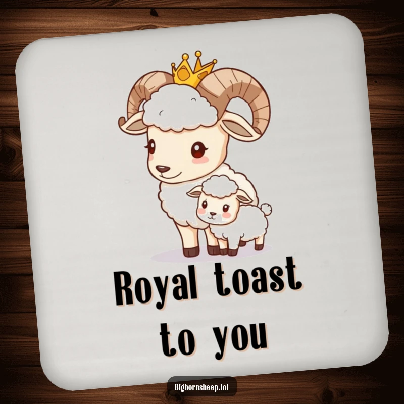 Funny bighorn sheep wearing a crown, gently nudging a smaller sheep, printed on a coaster with regal humor.