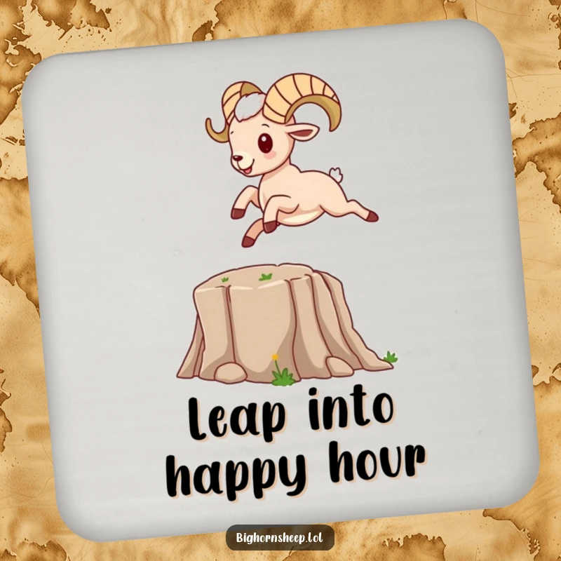 Funny bighorn sheep character leaping over a cartoon canyon, on a decorative drink coaster.