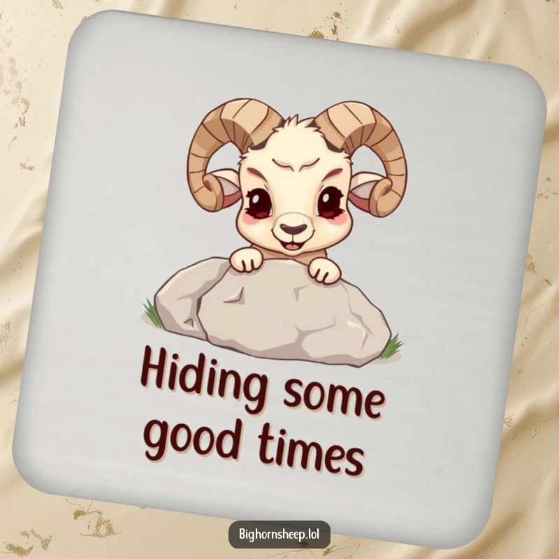 Funny bighorn sheep with a mischievous grin peeking from behind a large boulder on a drink coaster, providing humor and protection.