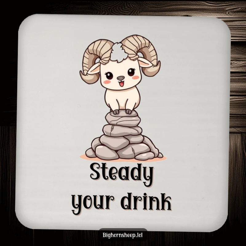 Funny, happy bighorn sheep character balancing a stack of small rocks on a drink coaster, providing humor and surface protection.