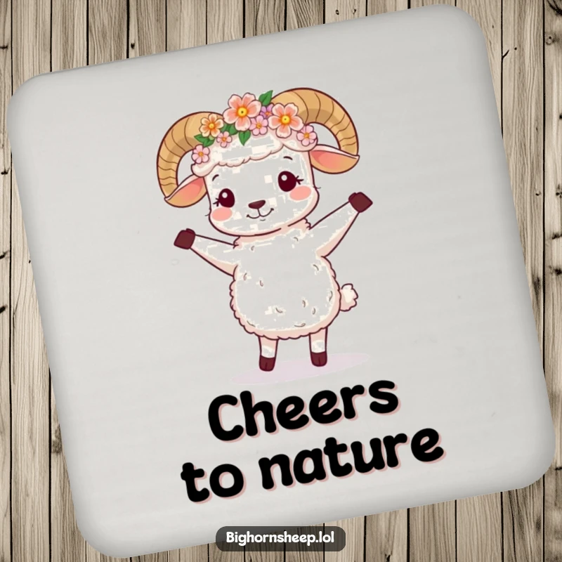 Funny Coaster: Cute bighorn sheep wearing a flower crown, happily dancing.