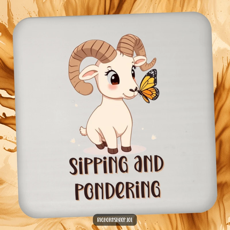 Funny bighorn sheep coaster, head tilted quizzically at a butterfly, a humorous and protective accessory for tabletops.
