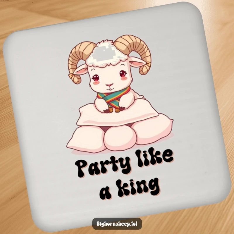 Funny Coaster: Regal bighorn sheep wearing a sash, playfully buttering a pile of soft pillows.