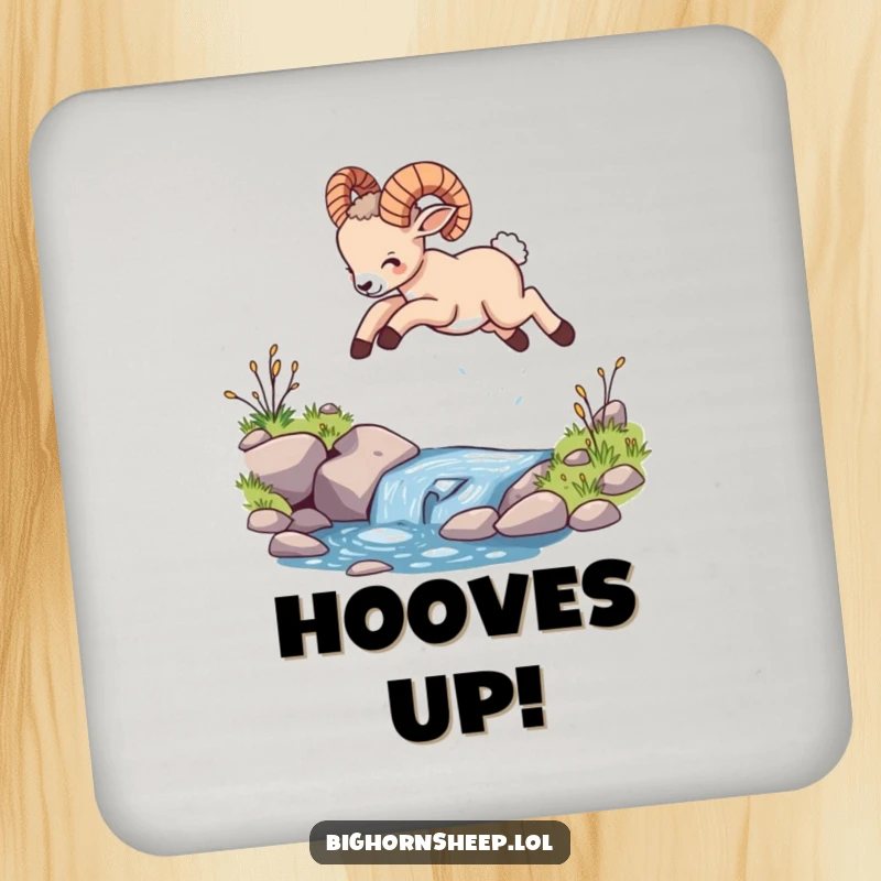 Funny bighorn sheep cub drink coaster, depicting the cub mid-leap over a stream, adding a playful element to drinks.