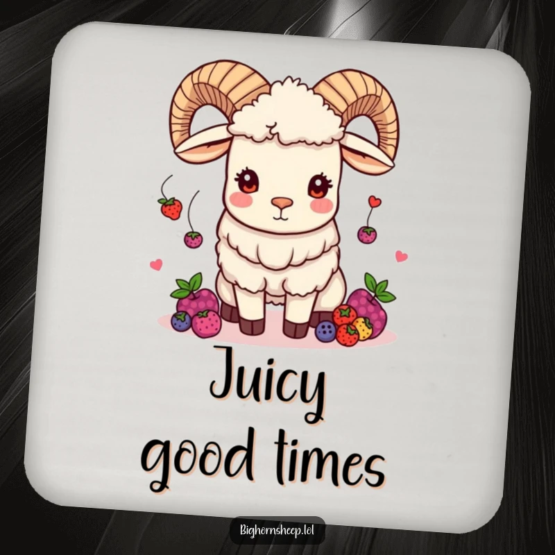 Funny bighorn sheep coaster showing a mischievous sheep juggling berries, protecting surfaces with playful and humorous flair.